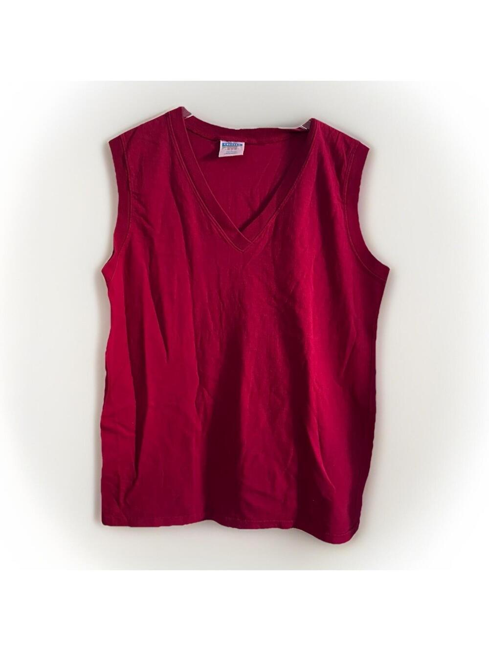 Vintage Mervyns Cheetah Blank V Neck Tank Top Vest L Burgundy Made In USA Red